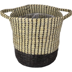 Pflanzkorb aus Seegras, natur-schwarz, Ø 38x40 cm, mit Griffen.