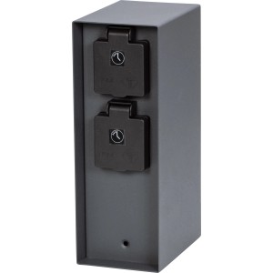 Anthrazitfarbene 2-fach Steckdosensäule IP44 mit Zeitschaltuhr für den Außenbereich.