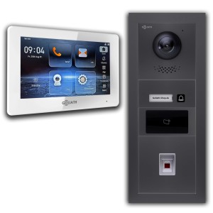 Goliath IP Video Türsprechanlage mit 7 Zoll Monitor, Fingerprint, RFID, in Weiß und Anthrazit.