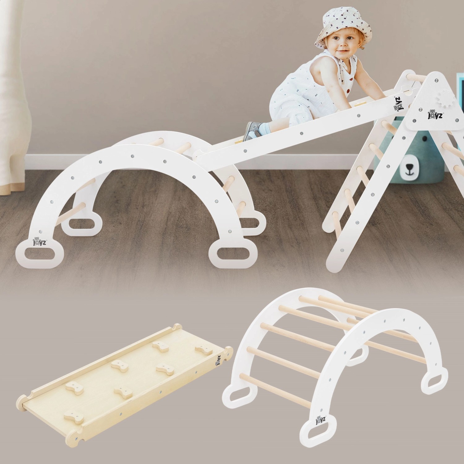 Joyz 2in1 Kletterbogen mit Rutsche Weiß-Natur Holz nach Pikler Art günstig online kaufen