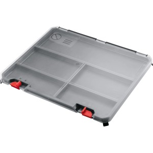 Bosch Deckelbox für Systembox S, transparente Aufbewahrung mit Fächern und roten Verschlüssen.