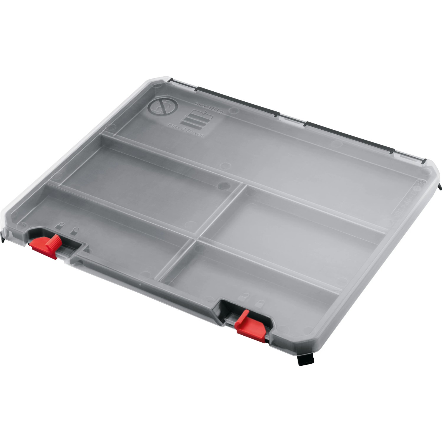 Bosch Deckelbox für Systembox S, transparente Aufbewahrung mit Fächern und roten Verschlüssen.