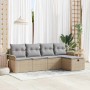Beiges 5-teiliges vidaXL Garten-Sofa-Set aus Poly Rattan mit Kissen und Stauraum.