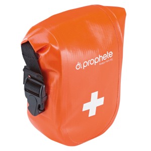 Orange Prophete Erste Hilfe-Satteltasche, wasserdicht, mit weißem Kreuz und schwarzem Verschluss.