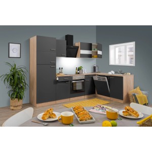 Respekta Winkelküche KBL280ESGSC in Grau und Eiche Sonoma Sägerau Nachbildung mit E-Geräten.