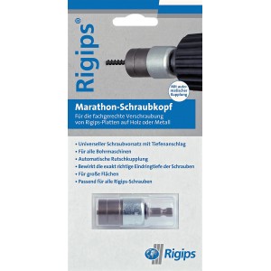 Saint-Gobain Rigips Marathon Schraubkopf für Bohrmaschinen, Detailaufnahme der Verpackung.