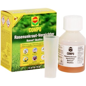 Compo Banvel Quattro Rasenunkraut-Vernichter 75ml: Konzentrat mit Messbecher für Unkrautbekämpfung im Rasen.
