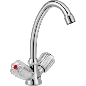 Verchromte Zweigriff-Waschtischarmatur Ledro mit gebogenem Auslauf und zwei transparenten Acryl-Drehreglern für Waschbecken.