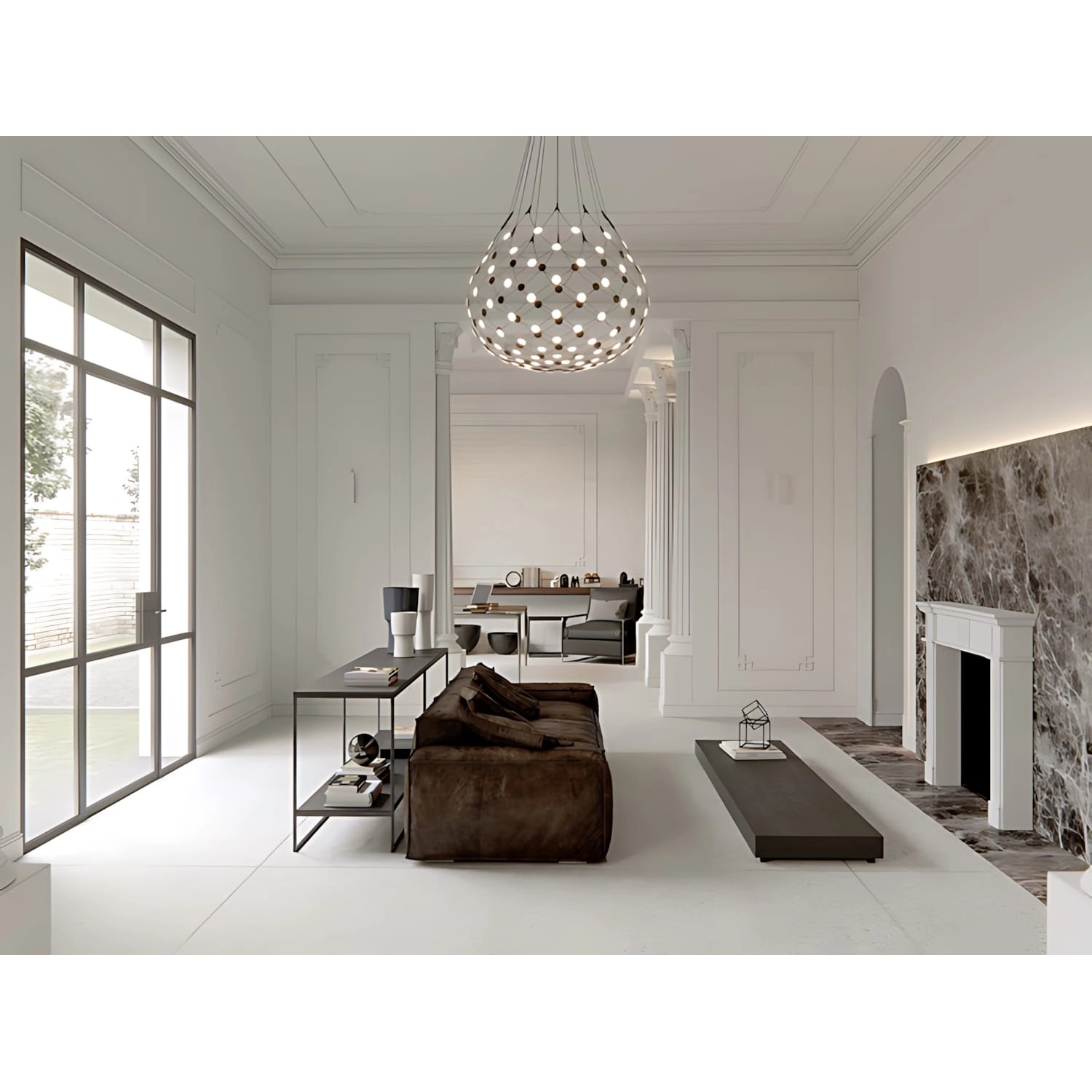 Dekorativer, weißer PROFHOME Zierelement Stuckdekor aus Polyurethan im Wohnraum.