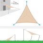 Diagramm zur Montage und Spannung eines dreieckigen Sonnensegels. Zeigt Befestigungspunkte, Zugrichtung und optimalen Neigungswinkel (20-25°).