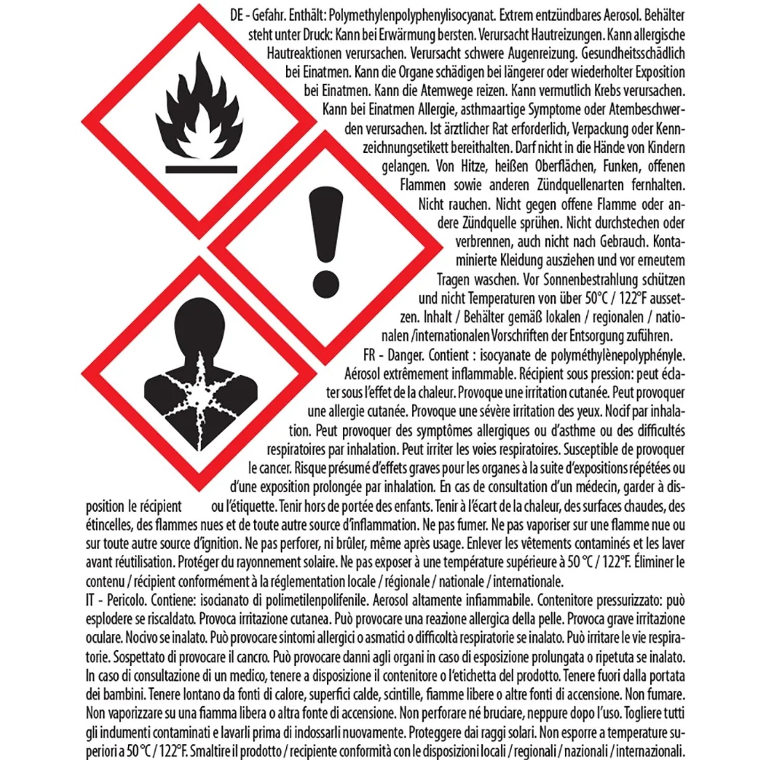 Warnhinweise: Entzündbares Aerosol, Gefahr für Gesundheit und Umwelt beachten.