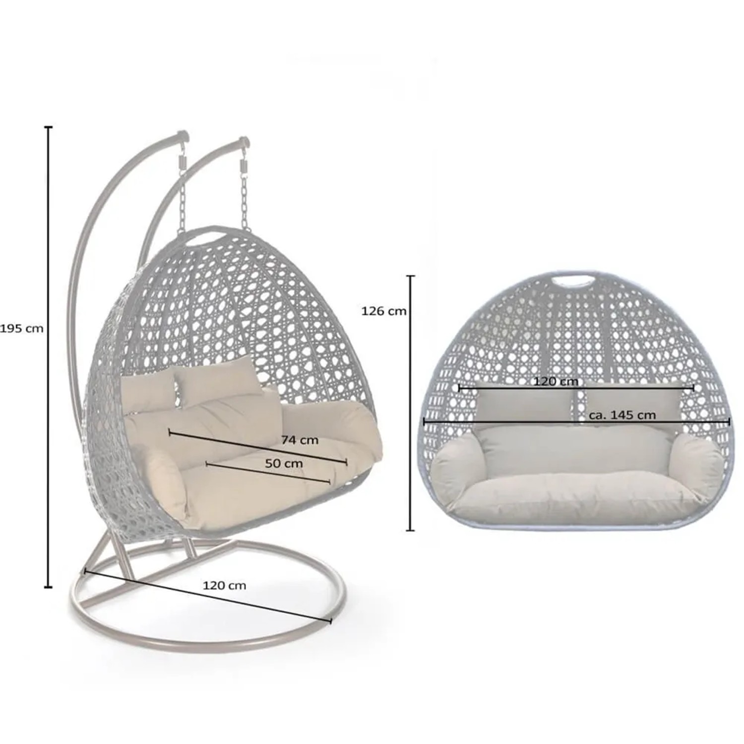 Home Deluxe Hängesessel Twin, grau, mit Maßen. Polyrattan Schwebesessel für 2 Personen mit Regenabdeckung.