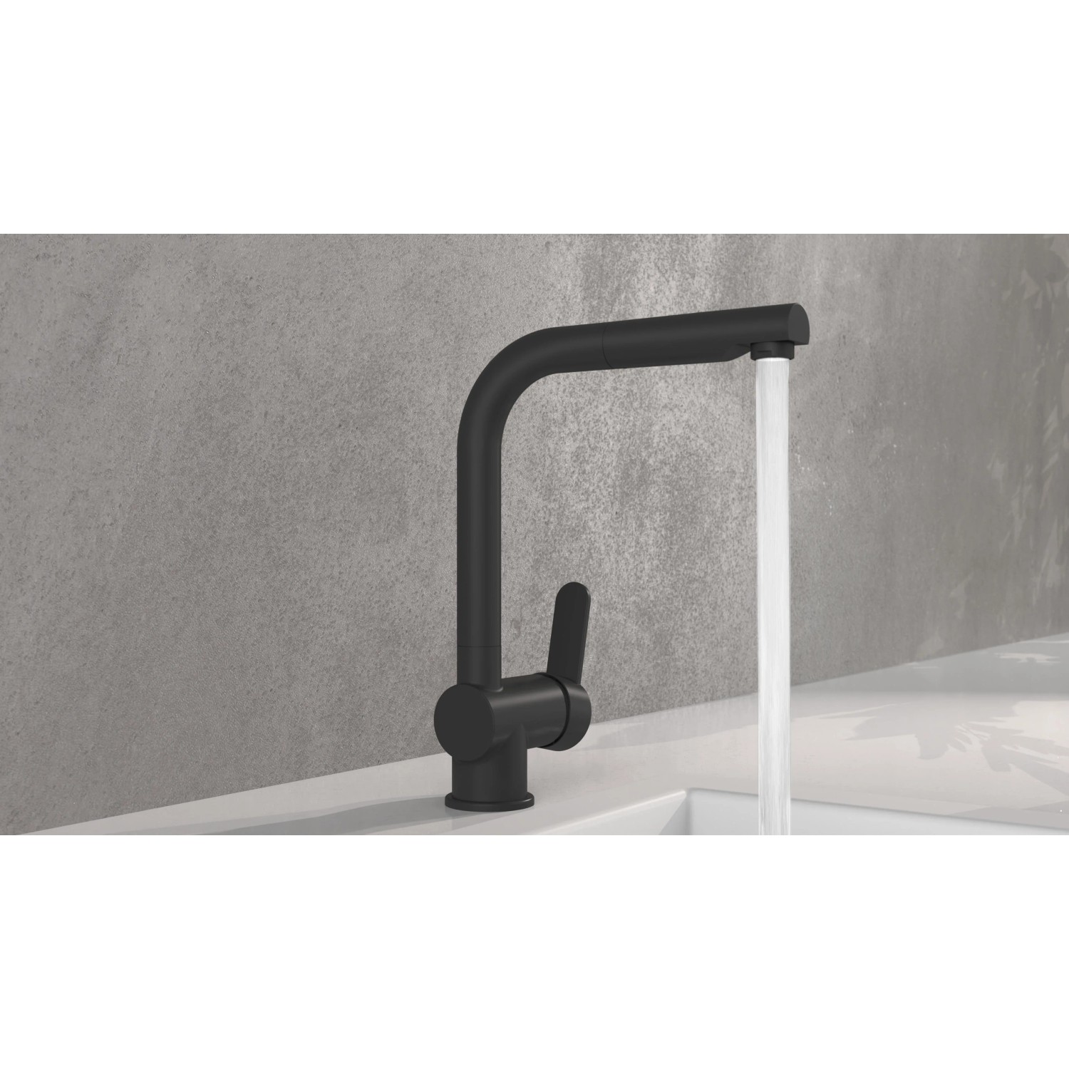 Schwarze Schütte Spültischarmatur London mit Auslauf und Wasserstrahl.