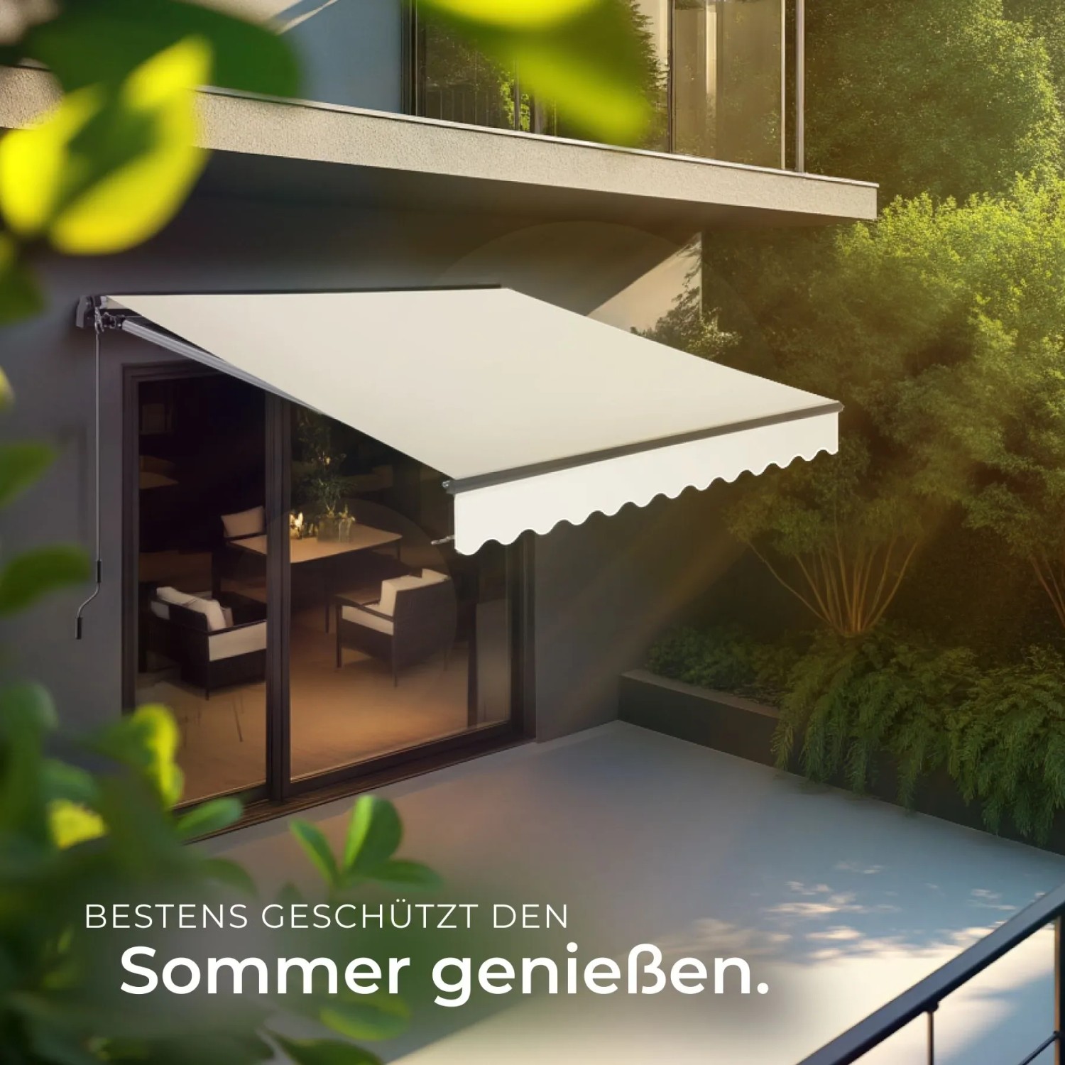 Beige Tectake Gelenkarmmarkise Ornella über Terrasse, schützt vor Sonne. Wasserabweisend, UV-beständig, mit Handkurbel.