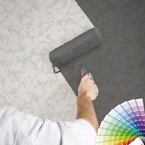 Überstreichbare Vliestapete in Putzoptik wird mit Farbroller gestrichen.