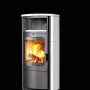 Weißer Hark Küchenofen Keramik 5kW mit Feuer im Brennraum.