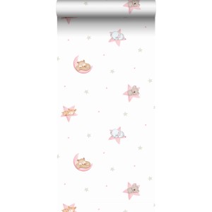 Dekorative Papiertapete mit schlafenden Tieren auf rosa Sternen und Monden, weißer Hintergrund. Ideal für Kinderzimmer.