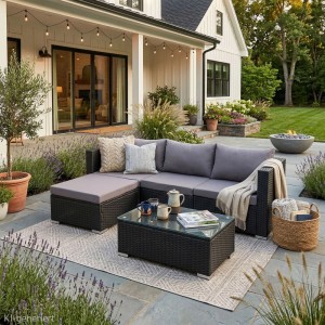 Schwarze 5-teilige SVITA QUEENS Gartenlounge aus Polyrattan mit Tisch und grauen Polstern.