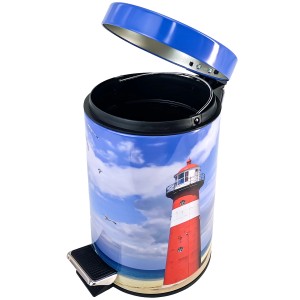 SANILO Kosmetikeimer Leuchtturm, Bad Mülleimer mit blauem Deckel und Leuchtturm-Motiv.