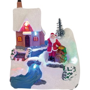 OBI Weihnachtsdorf Figur: Beleuchtete Winterlandschaft mit Haus, Weihnachtsmann, Fluss und Schnee. Mehrfarbige Tischdekoration.