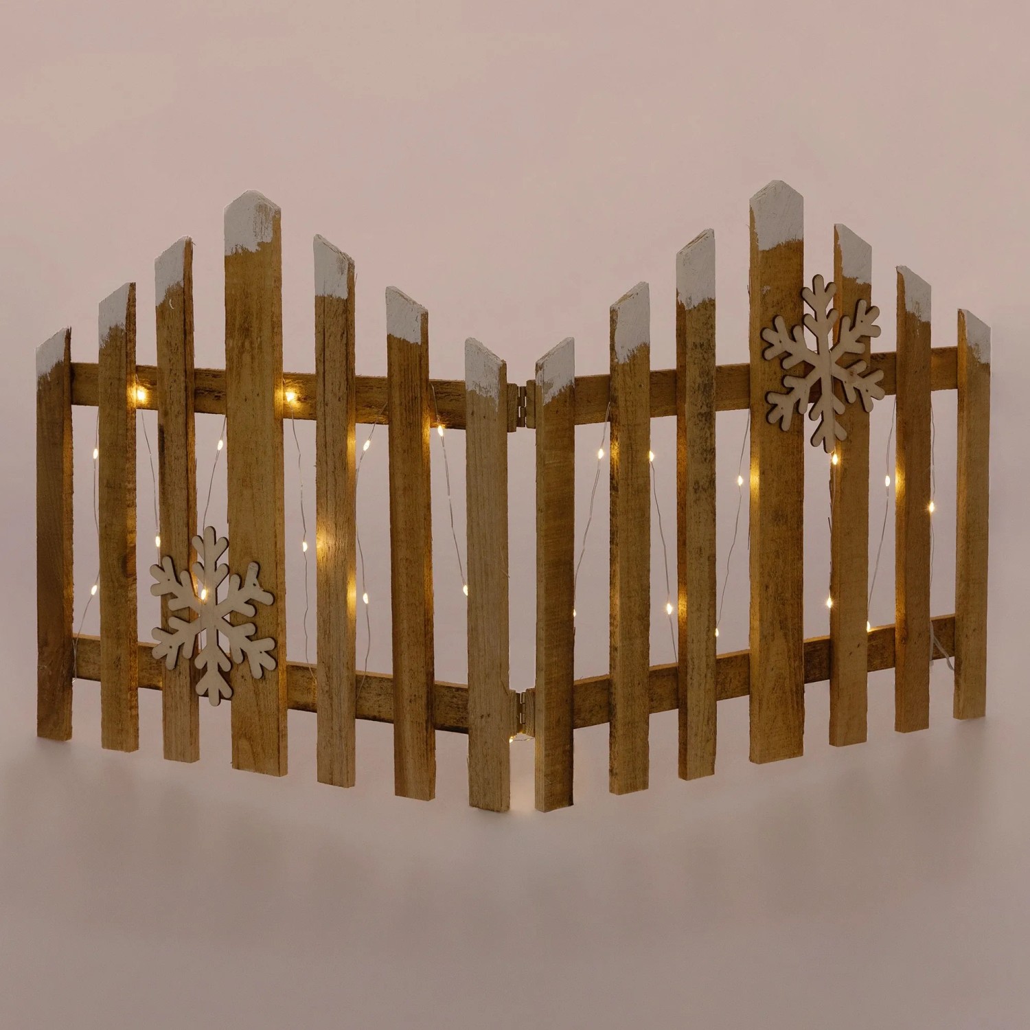 Dekorativer Holz-Weihnachtszaun mit LED-Beleuchtung und Schneeflocken, warmweiß, 77x38 cm.