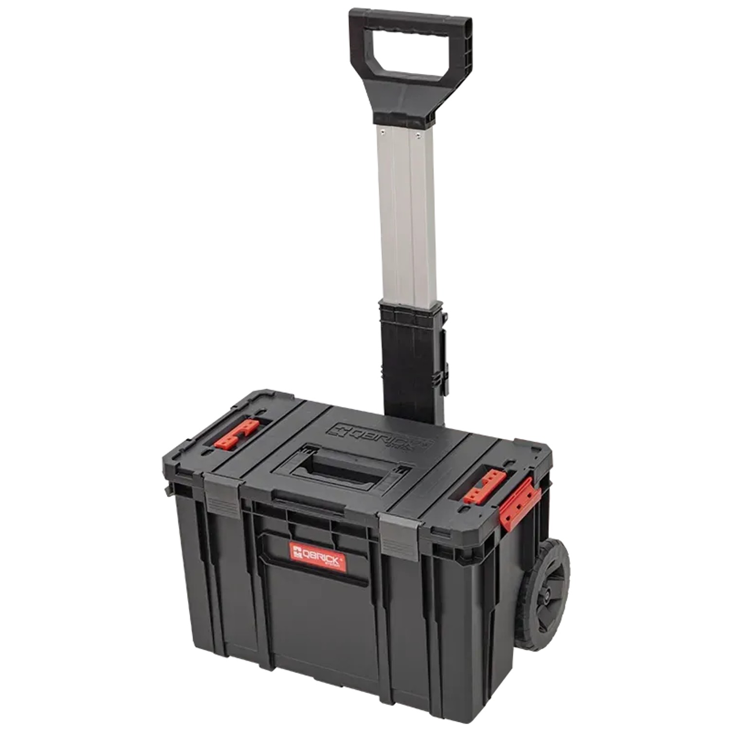 Schwarzer PROREGAL QBRICK Werkzeugtrolley Two mit Teleskopgriff und Rädern.