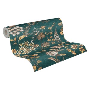 AS-Creation Vliestapete mit Blumenmuster in Petrol und Orange, leicht strukturiert.