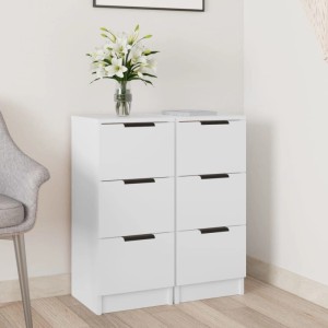 Zwei weiße vidaXL Sideboards aus Holzwerkstoff, je 30x30x70 cm, mit je drei Schubladen.