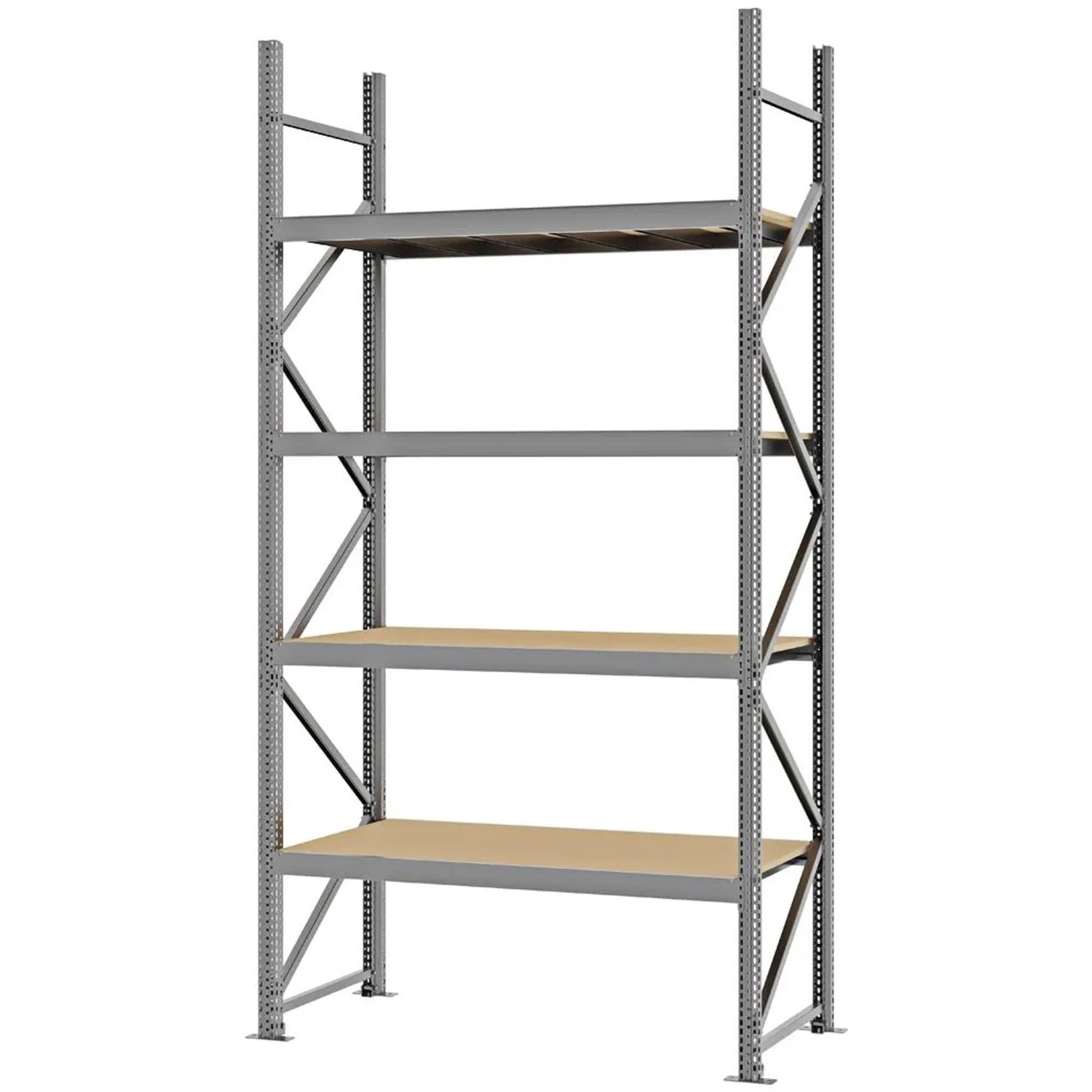PROREGAL Weitspannregal Schraub-Stecksystem MAGNUS PRO Made In Germany Grundregal 300x150x60cm 4 Ebenen Spanplattenböden Fachlast 750kg Verzinkt