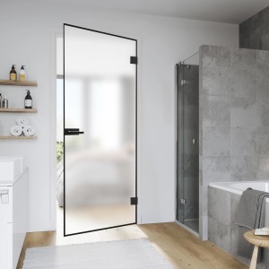 Novadoors Glastür Nova 683 Black, DIN Rechts, im modernen Bad mit Dusche.