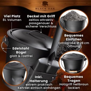 BLACK OAK Ascheeimer LANIN mit Deckel, Schaufel und Besen. Aschebehälter aus Metall, 8L Volumen.