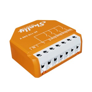 Orangefarbenes Shelly Relaismodul Z-Wave für Hausautomation, Nahaufnahme.
