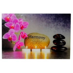 Glasbild Harmony 40x60cm mit Orchidee, Kerzen und Steinturm als Wanddekoration.