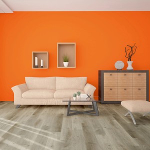 Wohnraum mit Click-Vinylboden Eiche Trend und integrierter Trittschalldämmung in Holzoptik.