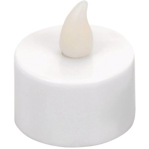 Weißes LED Teelicht mit flackerndem Licht, sichere Alternative für stimmungsvolle Deko.