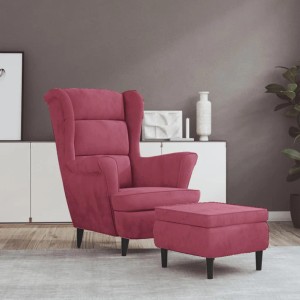 Ohrensessel mit Hocker, weinrot, Samt. Bequemer Loungesessel für Wohnzimmer.