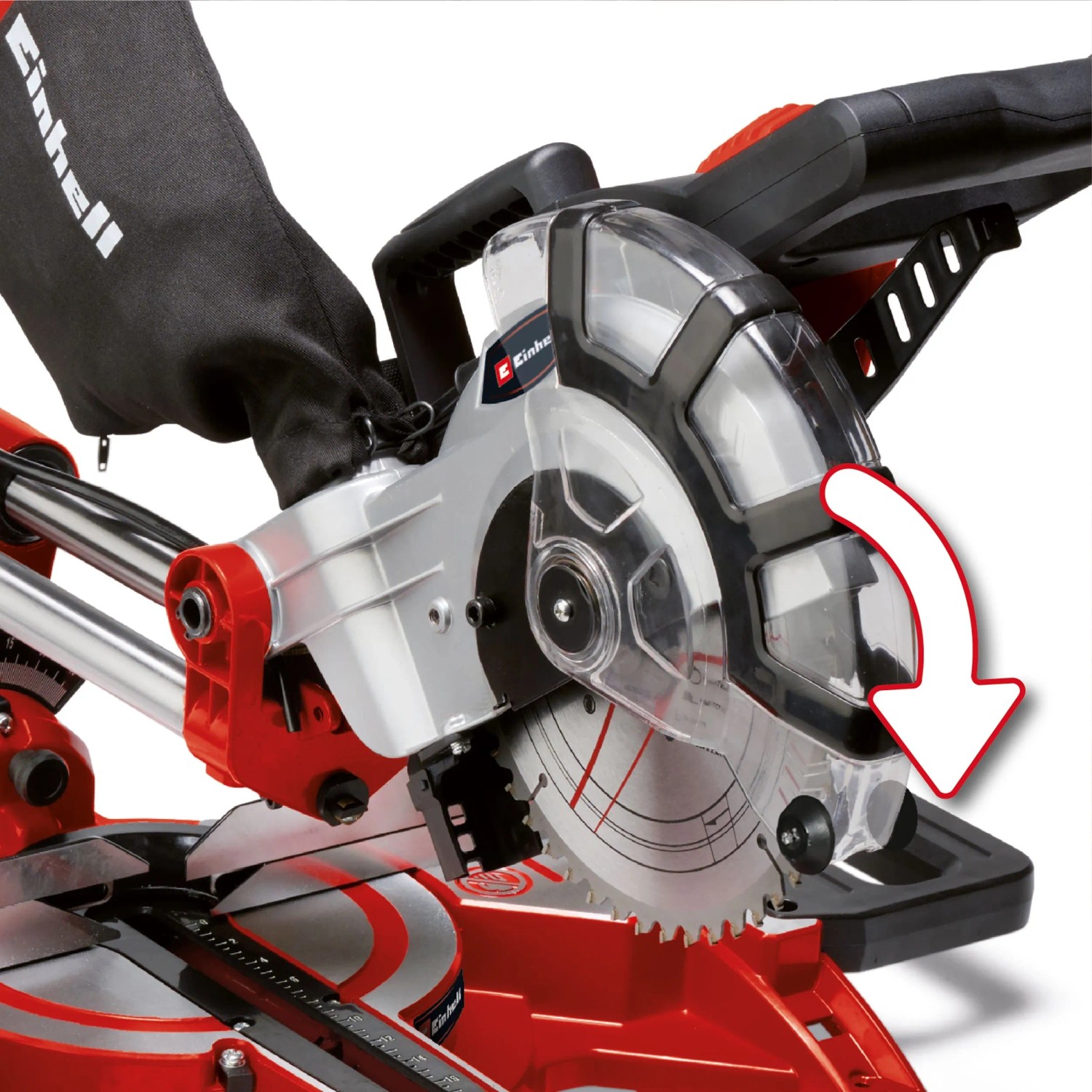 Einhell TC-SM 2131/1 Dual Zug-Kapp-Gehrungssäge in Rot und Silber mit Sägeblatt und Spänefangsack.