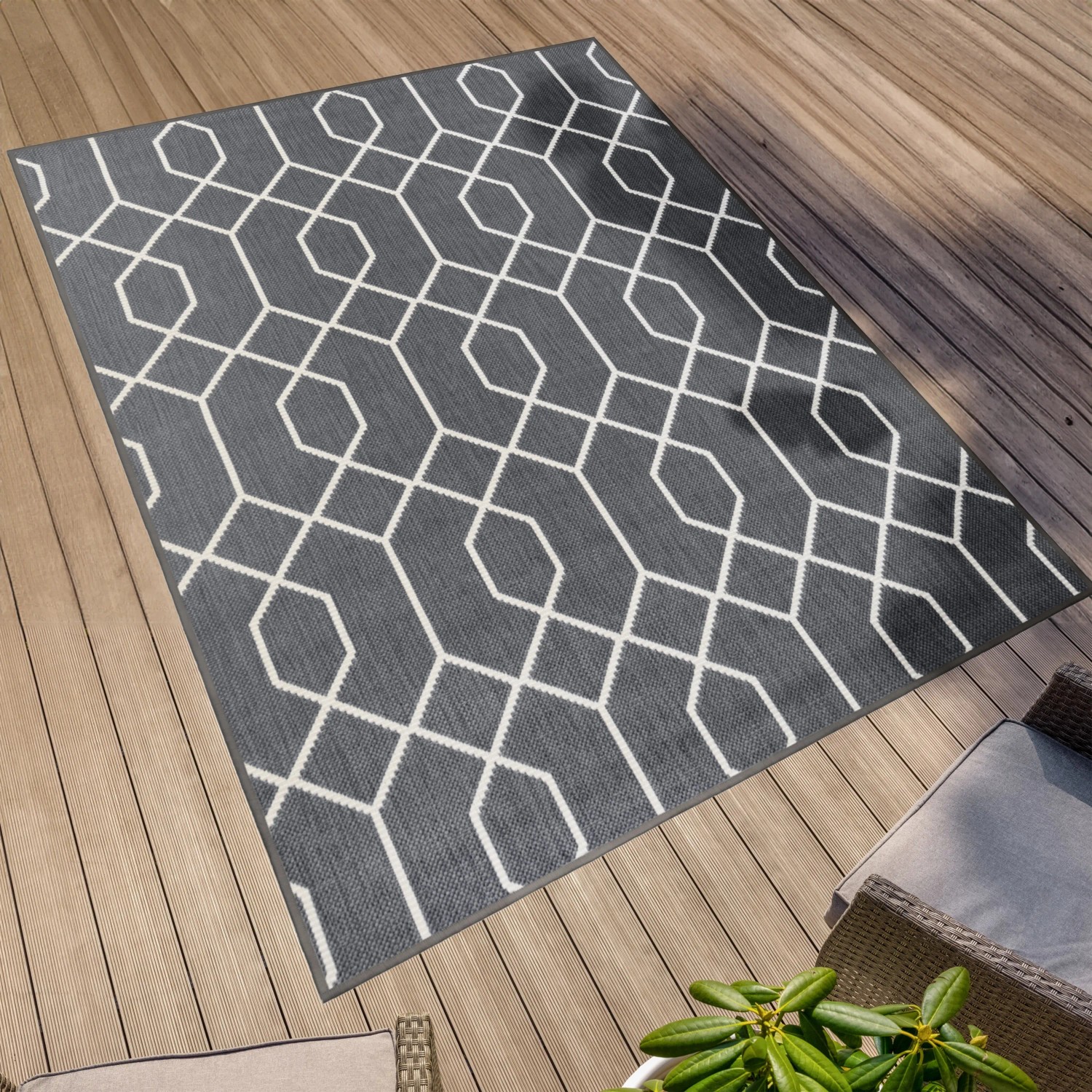 Grauer Primaflor In- & Outdoorteppich mit geometrischem Muster, 160x220 cm.