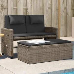 Verstellbare, graue Gartenbank aus Polyrattan mit Kissen und Hocker. Ideal für Garten oder Terrasse.