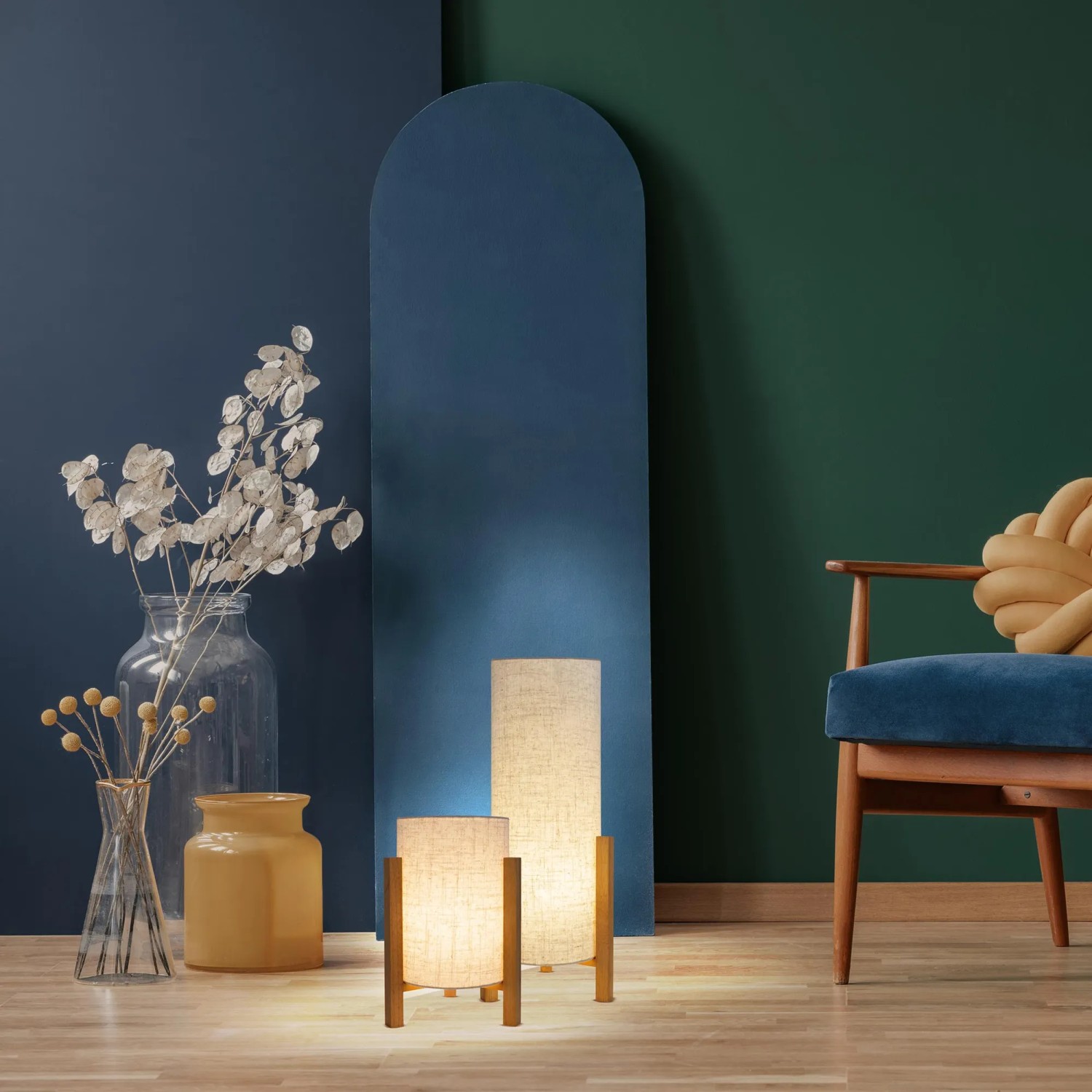Näve Leinen-Tischleuchte Matilda, 2er Set, Naturholz, Stoffschirm, Design-Tischlampen für stimmungsvolles Licht.