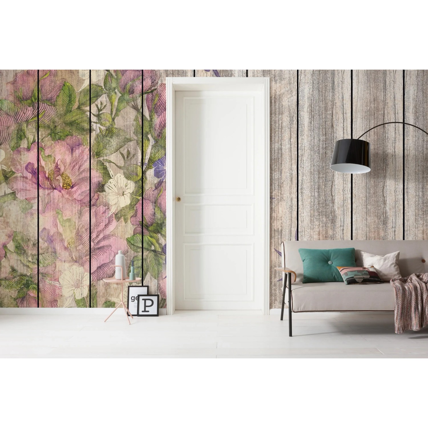 Komar Vlies Fototapete Vintage Rose, 500x250cm, mit Rosenmuster und Holzoptik.