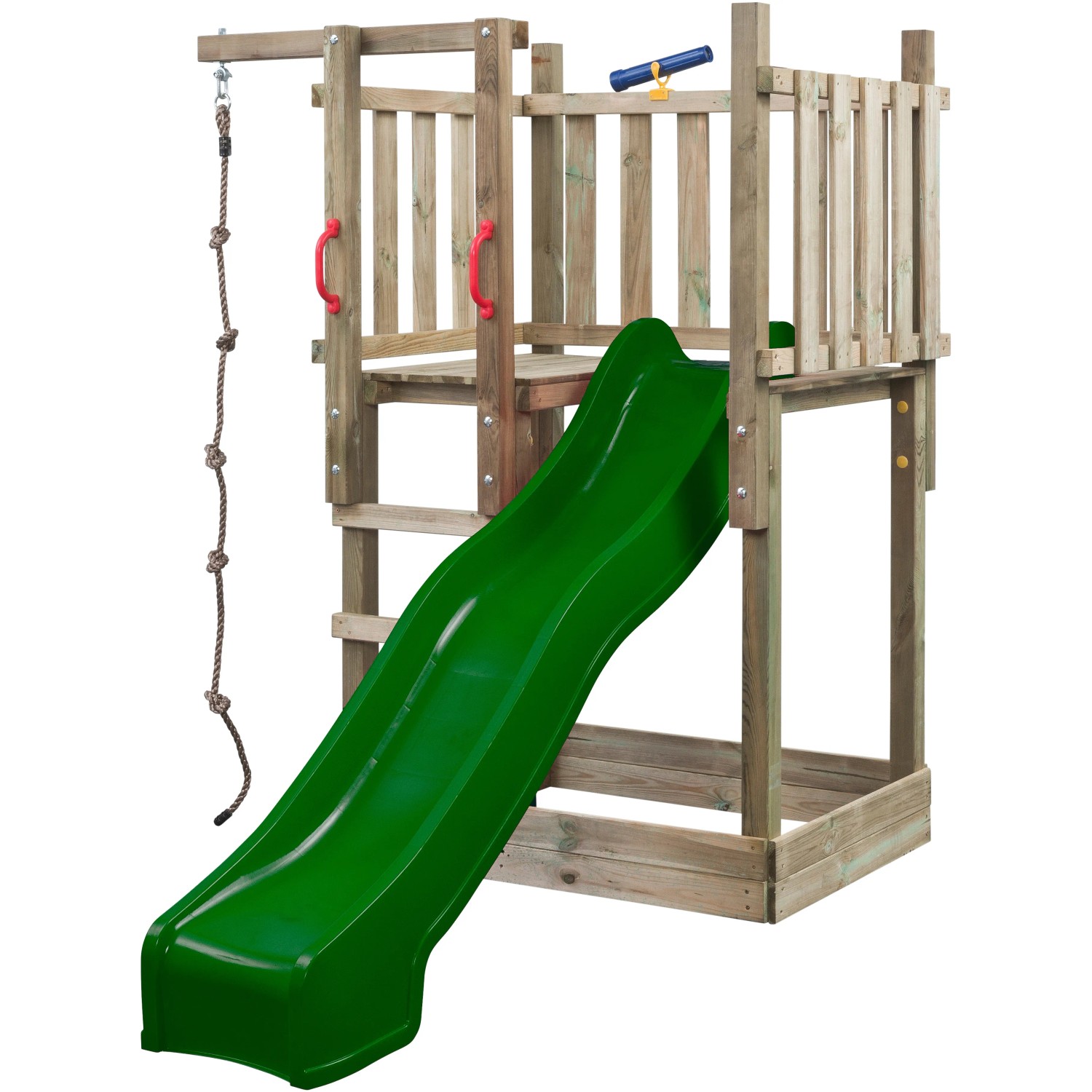 SwingKing Spielturm Mario mit grüner Rutsche, Kletterseil und Teleskop.