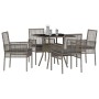 Graue vidaXL Garten Essgruppe, 5-teilig, aus Poly Rattan mit Tisch und Stühlen.