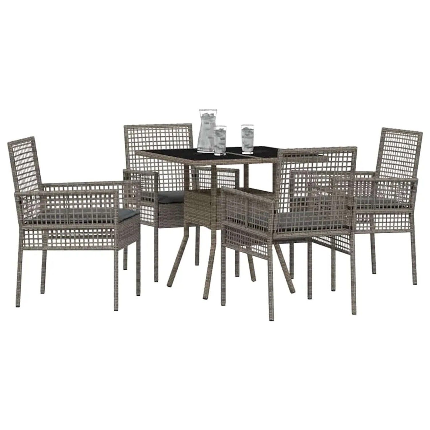 Graue vidaXL Garten Essgruppe, 5-teilig, aus Poly Rattan mit Tisch und Stühlen.