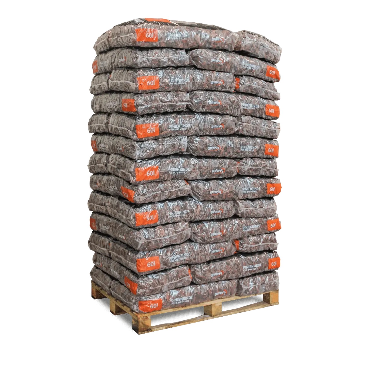 Palette Galamio Pinienrinde Deko, 39 Säcke à 60l, rotbraune Rindenstücke zur Bodendeckung.