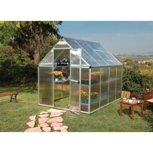 CANOPIA Gewächshaus Silber 4,6 m² mit geöffneter Tür und Pflanzen auf Regalen im Garten.