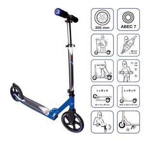 Blauer Muuwmi Aluminium Scooter Tretroller mit 205 mm Rollen, ABEC 7 Kugellager, höhenverstellbar.
