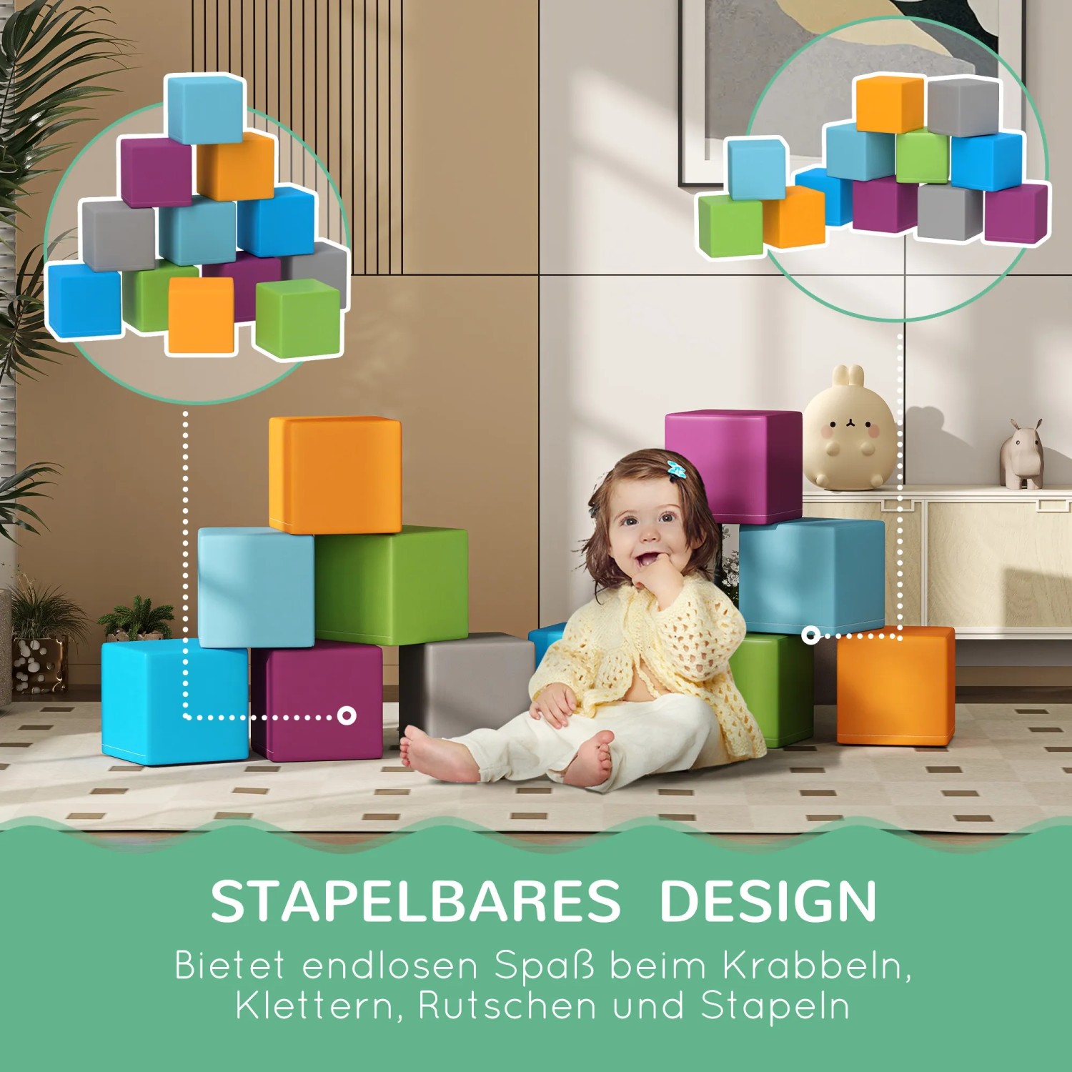 HOMCOM Bausteinset, 12 Schaumstoff-Würfel in Grau, Türkis, Lila, Orange und Grün. Pädagogisches Spielzeug für Kinder.