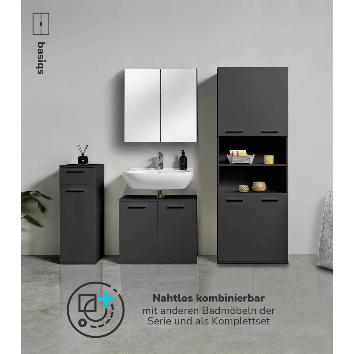 mokebo Badmöbel-Set „Der Steuermann“ in Anthrazit mit Hochschrank, Waschbeckenunterschrank und Spiegelschrank.
