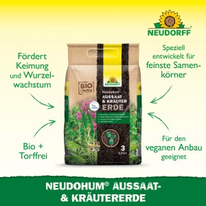 Neudorff NeudoHum Aussaat- und Kräutererde, 3 Liter Sack. Torffreie Bio-Erde für Keimung und Anzucht.